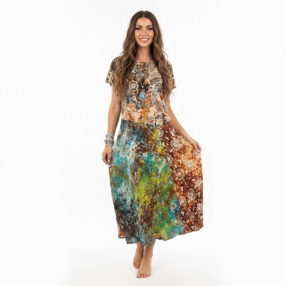 Boho Patchwork Print Midi Dress Womens Large Abstract Tie Dye Short Sleeve Artsy